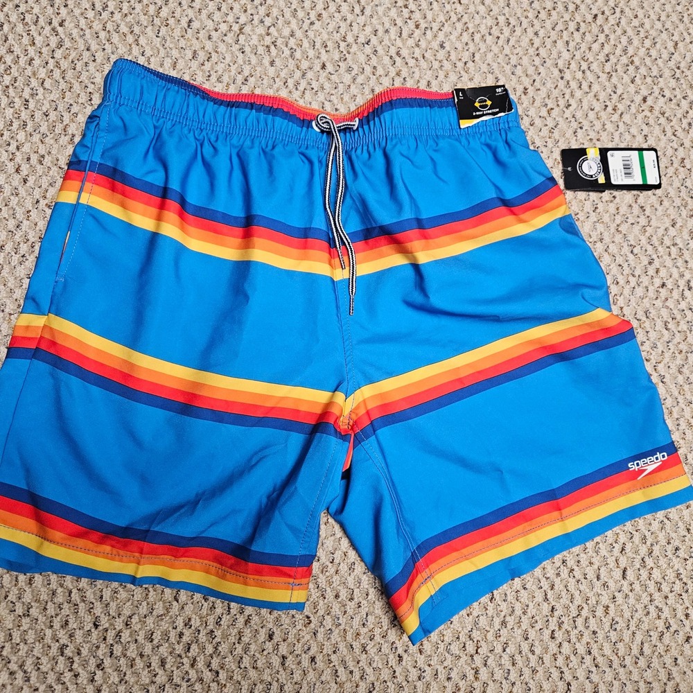Speedo Mens‎ Swim Trunks Blue Striped 2-Way Stretch Board Shorts Large